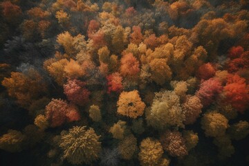 Naklejka na ściany i meble Bird's-eye view of vibrant autumn woods. Generative AI