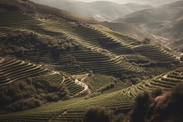 Douro Valley's terraced vineyards in Portugal yield prized port wine in the sunny summer. Generative AI - obrazy, fototapety, plakaty