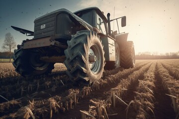 Vintage farm tractor fertilizing crop in the field. Generative AI