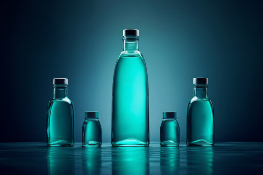 Refreshing tonic copy space reusable glass bottle mockup with reflection on surface. Product template concept