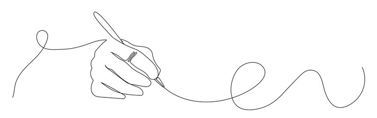Hand holding pen in continuous style, writing or drawing. Pen line art illustration.