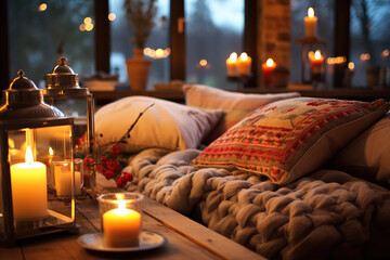 Obraz na płótnie Canvas Cozy corner with candles and cushions