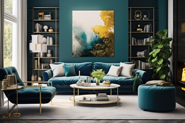 Living room interior idea with colors in green, blue, and gold, creating a stylish atmosphere.