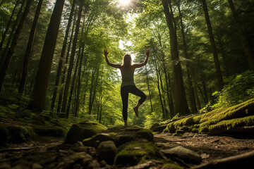  Girl in a yoga pose in the forest