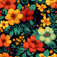 seamless tropical floral pattern of hibiscus on black background, generated with AI