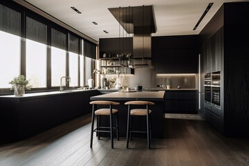 Spacious L-shaped kitchen with dark cabinetry, wooden floors, and a wide view angle. Generative AI
