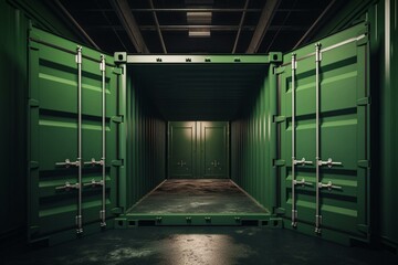 3D illustration of cargo containers in green with open and closed doors. Generative AI
