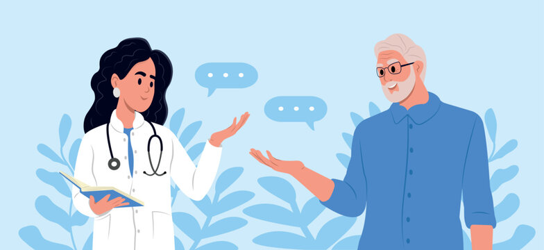 Smiling doctor supporting old senior male patient in hospital. The concept of healthcare for the elderly.