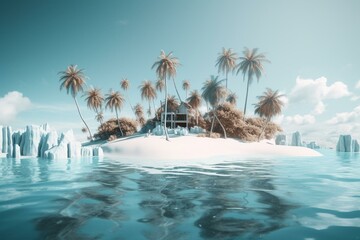 Frozen paradise with palm trees on a white iceberg island, symbolizing global warming's temperature contrast. Generative AI