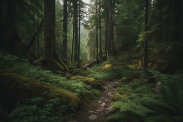 Scenic view of lush British Columbia forest. Generative AI
