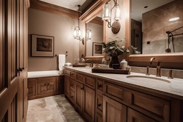 A comfortable bathroom with wooden cabinet, marble countertop, and sconces highlighting square mirrors. Generative AI