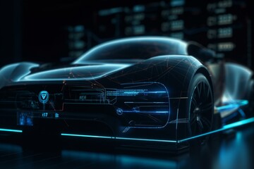 A futuristic car hologram in the HUD UI style, providing scanning, automatic data analysis, and development. 3D illustration. Generative AI