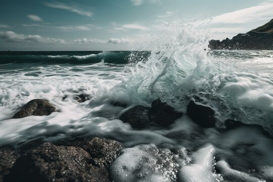 Captivating image of mesmerizing sea waves crashing on the shore. Generative AI