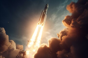 Comic illustration depicting a rocket launching into space. Generative AI - obrazy, fototapety, plakaty