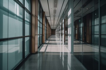 Spacious office corridor with glass partitions and extensive windows. Generative AI