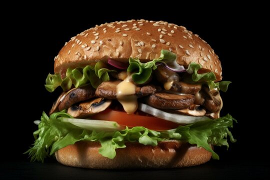 Transparent background image of vegan mushroom burger. Generative AI