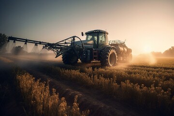 A sprayer with extended arms applies fertilizers to fields. Generative AI - obrazy, fototapety, plakaty