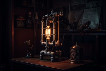 Dark background with a steampunk lamp made from pipes in a loft space. Generative AI