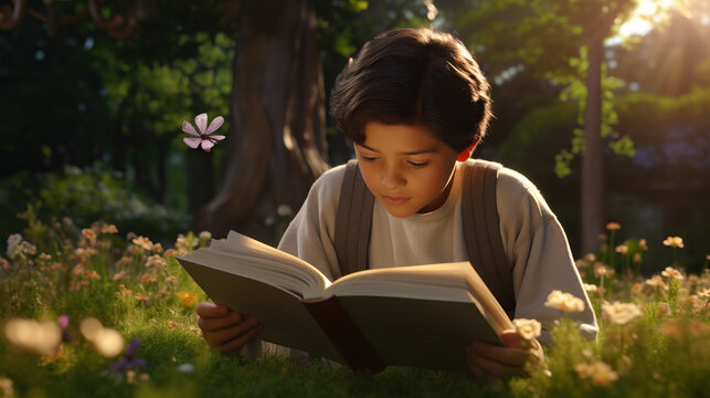Young Boy Reading Magical Book In Enchanted Garden. Concept of Fantasy Reading, Enchanted Garden, Magical Realm, Imaginative Journey, Captivating Tale, Young Reader’s Escape, Whimsical Setting.