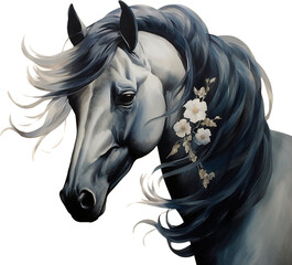 Portrait of a black horse and flowers. Hand drawn style print. Watercolor illustration isolated on white background. For t-shirt composition, print, design, sticker, sublimation, and decor.