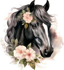 Portrait of a black horse and flowers. Hand drawn style print. Watercolor illustration isolated on white background. For t-shirt composition, print, design, sticker, sublimation, and decor. - 635582490