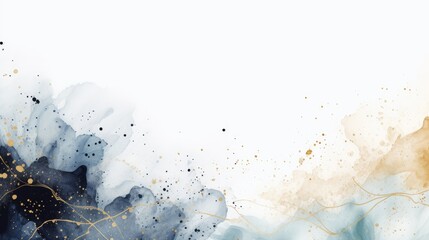 Abstract watercolor style layout. Black, dark and light blue paint stains and gold splatter on a white background. Irregular stains and splash print. Artistic dotted layout.