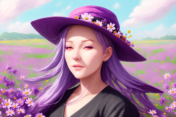 Beautiful woman with purple hair and hat. Generative AI.