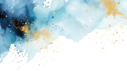 Abstract watercolor style layout. Black, dark and light blue paint stains and gold splatter on a white background. Irregular stains and splash print. Artistic dotted layout. - obrazy, fototapety, plakaty