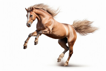 Obraz na płótnie Canvas Horse isolated on white background jumping. Animal left side portrait.