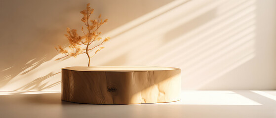 Minimal scene with tree trunk wooden podium, stage, branch with fall leaves. sunlight shadows. pastel organic background for cosmetic ads, presentation. Autumn seasonal sale. Generative ai