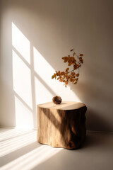 Minimal scene with tree trunk wooden podium, stage, branch with fall leaves. sunlight shadows. pastel organic background for cosmetic ads, presentation. Autumn seasonal sale. Generative ai