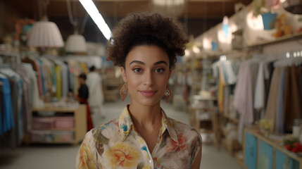 Young Biracial Adult Woman at Community Thrift Store Portrait. Concept of Multicultural Representation, Diverse Fashion Exploration, Thrift Store Experience, Personal Style Expression, Secondhand.
