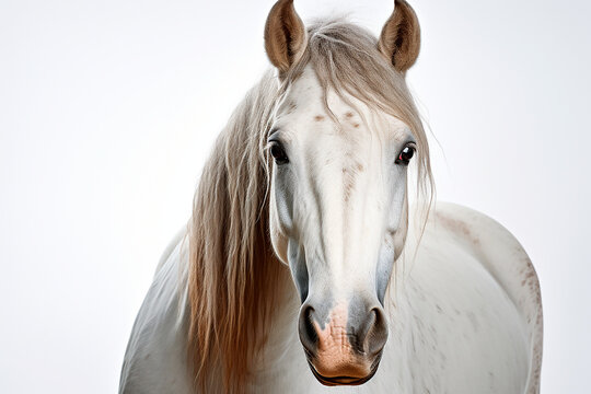 Horse isolated on a white background close-up portrait. Studio animal photography.