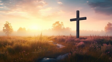Ascension day concept. The cross on meadow autumn sunrise background. - obrazy, fototapety, plakaty