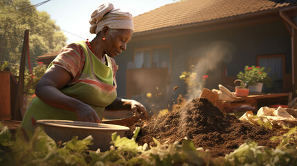 African American Senior Woman Wearing Turban Working In Backyard Composting the Garden. Concept of Sustainable Gardening, Composting Practice, Backyard Activity, Elder Wisdom, Cultural Representation.