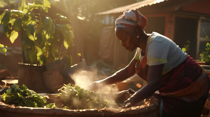 African American Senior Woman Wearing Turban Working In Backyard Composting the Garden. Concept of Sustainable Gardening, Composting Practice, Backyard Activity, Elder Wisdom, Cultural Representation.