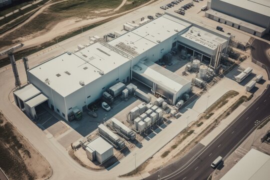 Bird's-eye view of contemporary industrial facility for manufacturing and shipping machinery globally. Generative AI