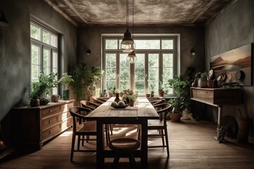 Rustic dining room showcasing charming interior design. Generative AI