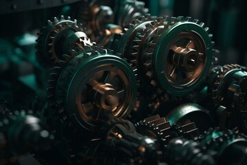 Busy dark green gears and cogs in action under a spotlight. Industrial machinery showcased in a 3D illustration. Generative AI