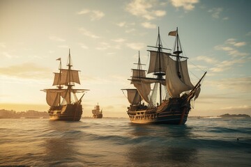 Three ships of Christopher Columbus: Santa Maria, Niña, Pinta. Generative AI - obrazy, fototapety, plakaty