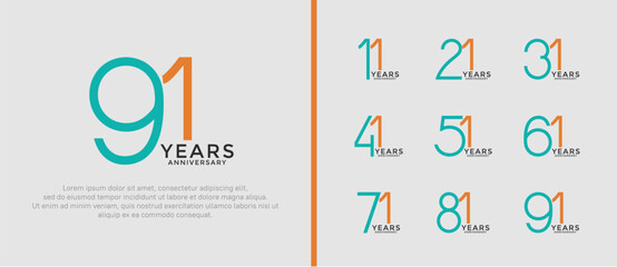 set of anniversary logo green and orange color on white background for celebration moment