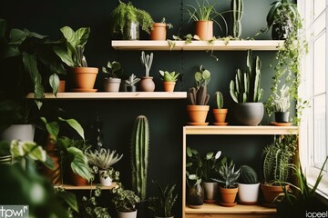 Chic green plants on shelves with a black watering can. Trendy room decor with various cactus, asparagus, dracaena, epipremnum pothos, ivy, palm, and sansevieria. Generative AI