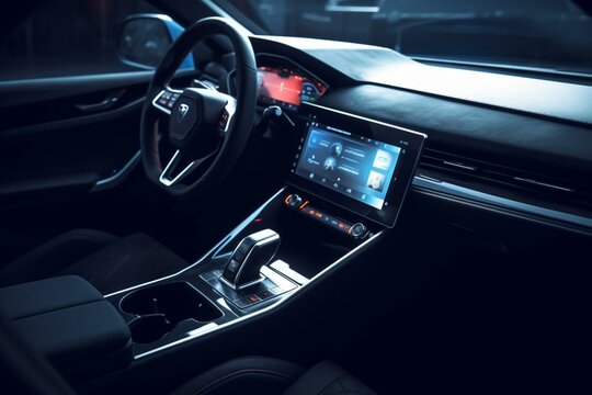 Image of a modern car's interior featuring a tablet with a dim screen. Generative AI