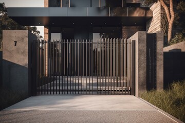 Modern grey aluminum gate and entrance wicket for suburban house. Generative AI