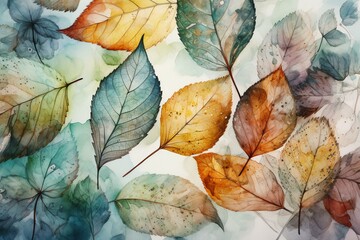 Artistic watercolor leaves form a distinctive pattern for wallpaper. Generative AI