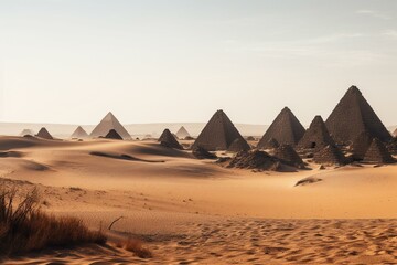 Fototapeta na wymiar Ancient pyramids rise majestically amidst Africa's vast sand dunes. Generative AI