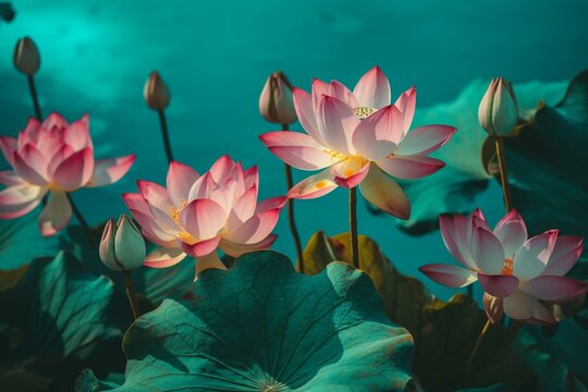 Watercolor lotus flowers on turquoise background. Generative AI