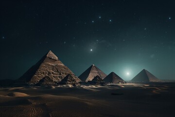 Fototapeta na wymiar Nighttime view of historical pyramids beneath a starry sky. Generative AI