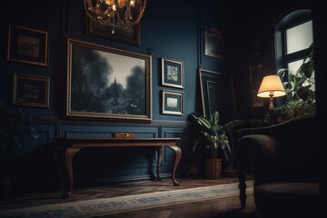 A frame in 3D showcased in a cozy home ambiance with a dark blue color. Created to evoke a striking visual impact. Generative AI