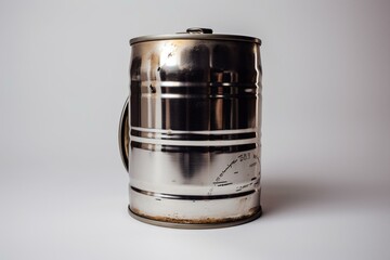 A white background showcases a metallic oil barrel. Generative AI